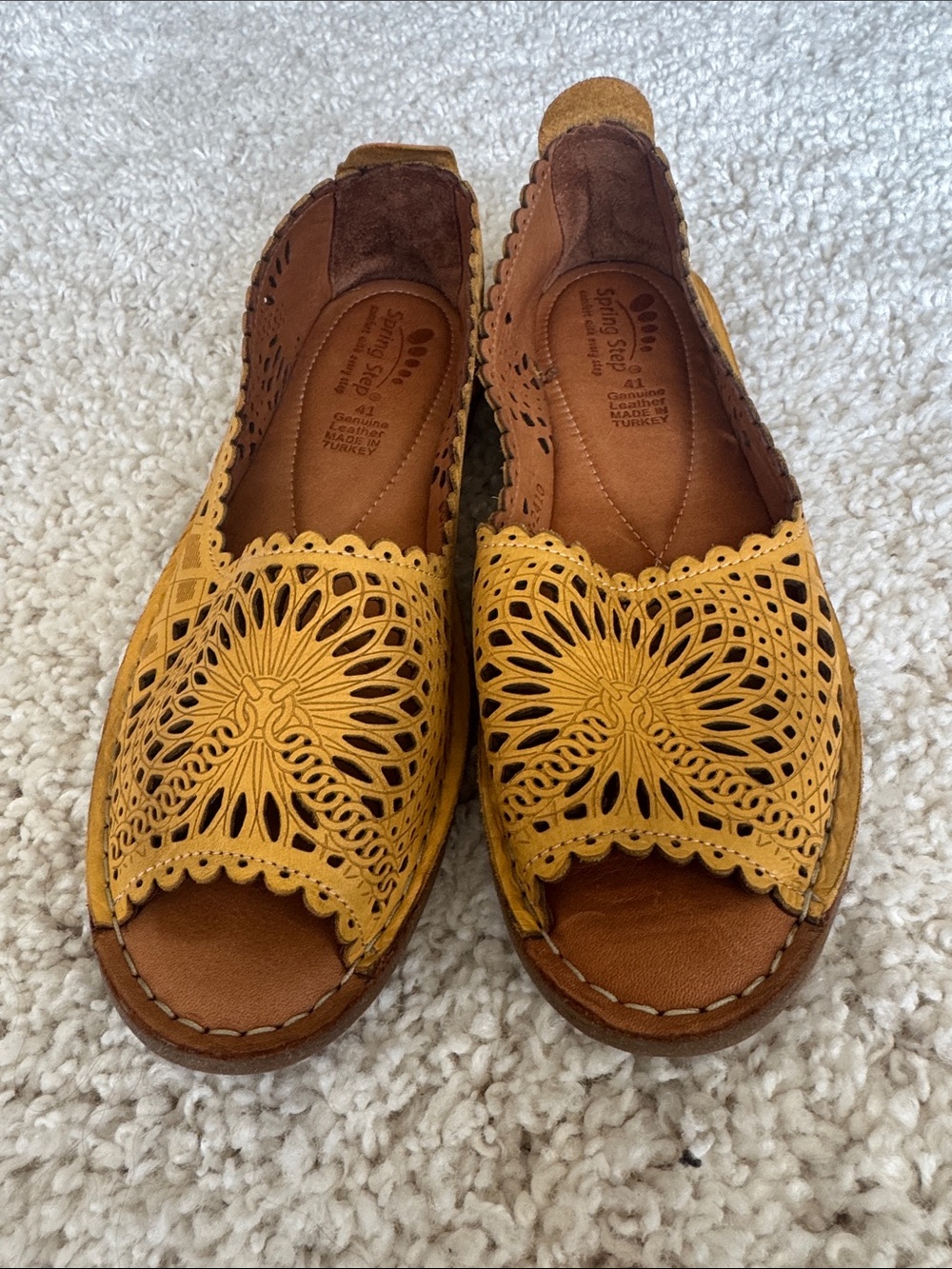 Spring Step Yellow Laser-Cut Leather Slip-On Mules